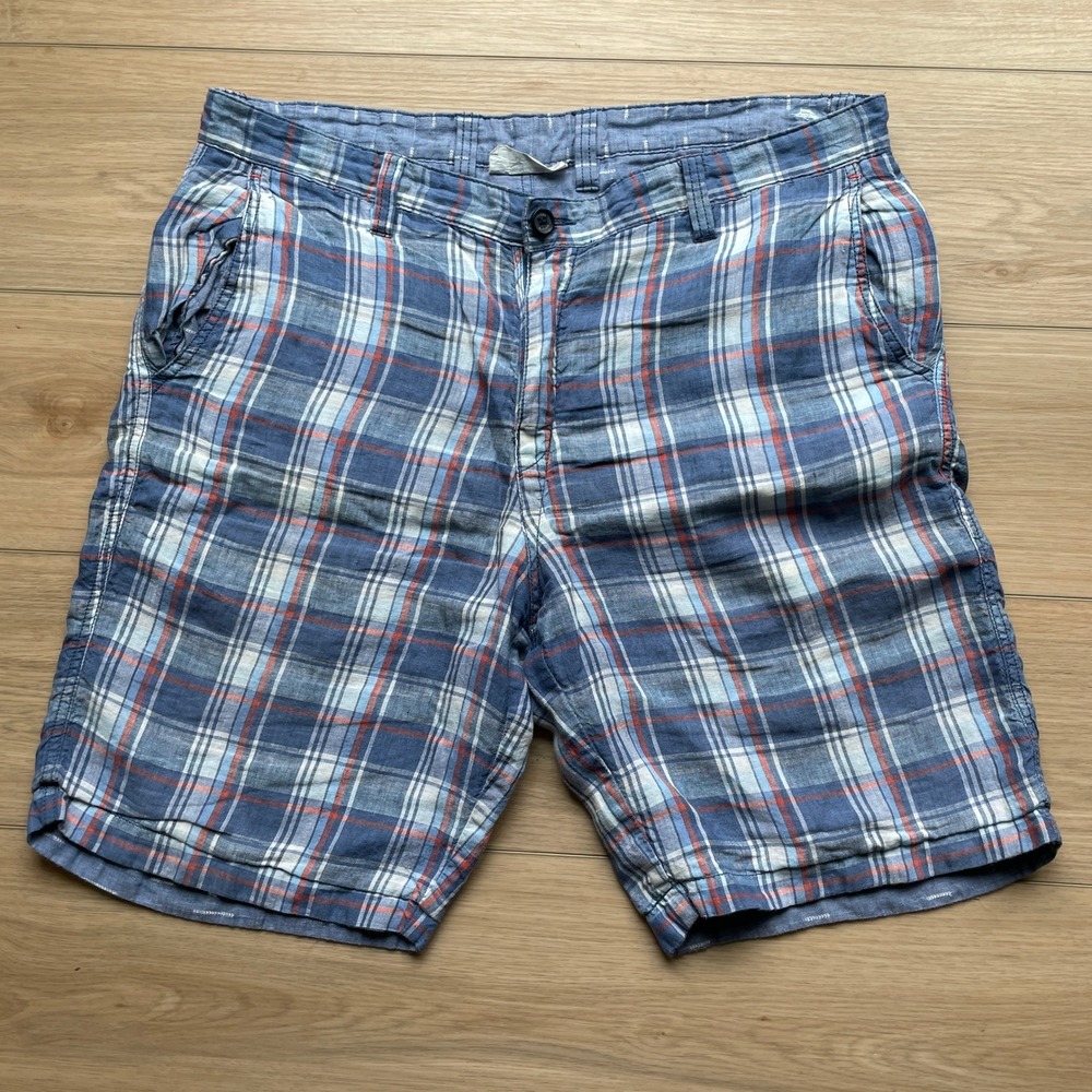 Tommy Bahama Reversible Plaid Linen Shorts Mens 35 Blue Orange Summer Casual